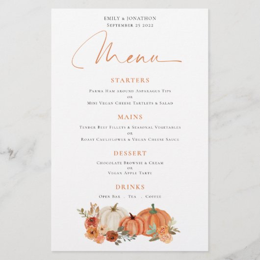 Orange Pumpkins Fall Florals Wedding Menu (Vorderseite)
