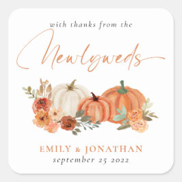 Orange Pumpkins Florals Dank von Newlyweds Quadratischer Aufkleber