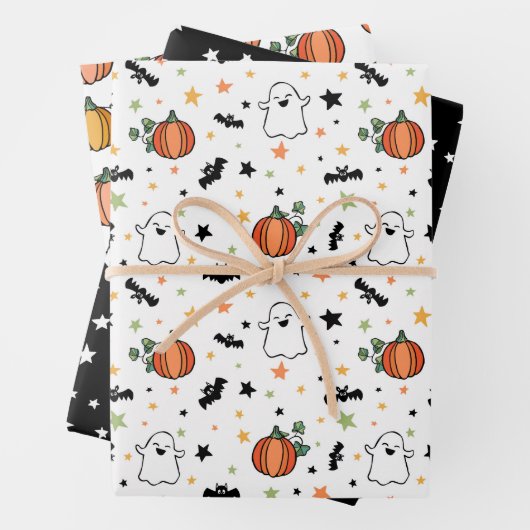 Orange Pumpkins Ghosts Halloween Mixed Patterns Geschenkpapier Set (Beispiel)