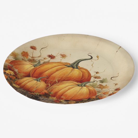 Orange Pumpkins Rustikaler Herbst Pappteller (Schrägansicht)