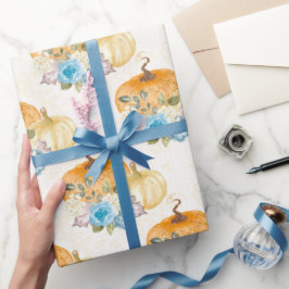 Orange Pumpkins und Blue Flowers Erntedank Geschenkpapier