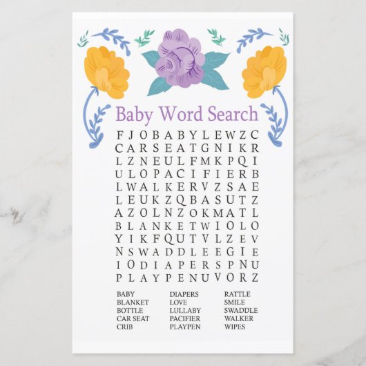 Orange Purple Flowers Kinderdusche Word Search Gam (Vorderseite)