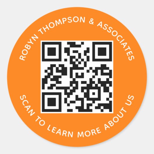 Orange QR Code Stickers Custom Business Name Round (Vorderseite)