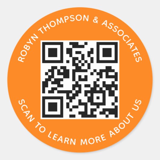 Orange QR Code Stickers Custom Business Name Round (Vorderseite)