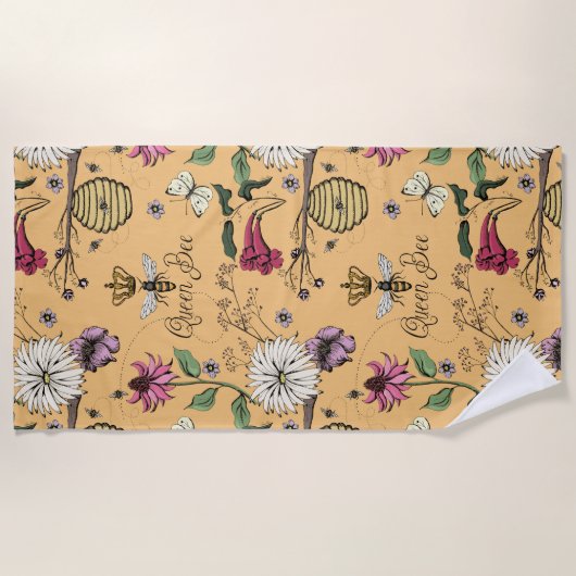 Orange Queen Bee Floral Pattern Strandtuch (Vorderseite)