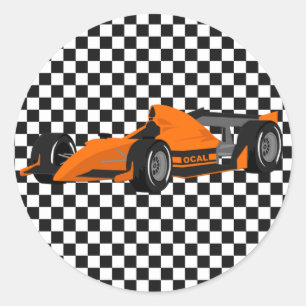 Orange Race Car Geburtstagsaufkleber Runder Aufkleber