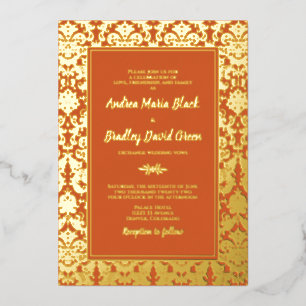 Orange Real Gold Foil Damask Wedding Folieneinladung