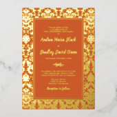 Orange Real Gold Foil Damask Wedding Folieneinladung (Vorderseite)