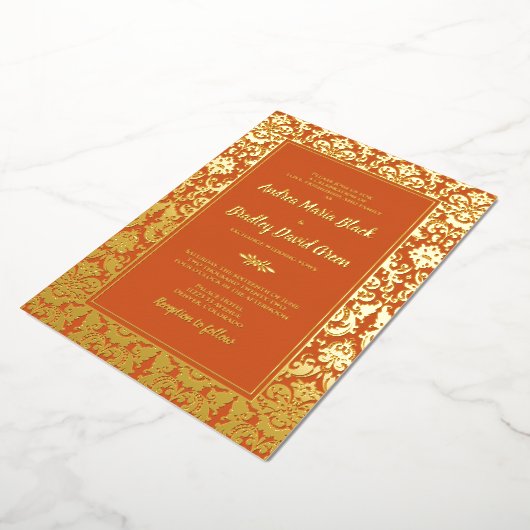 Orange Real Gold Foil Damask Wedding Folieneinladung (Gedreht)