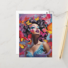 Orange Red & Blue Butterfly Fantasy Woman Postkarte