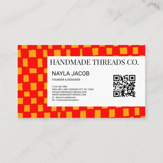 Orange Red Checkerboard Muster QR Code Handmade Visitenkarte (Rückseite)