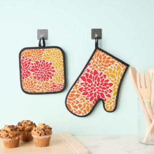 Orange Red Colorful Vintag 60er Blume Ofenhandschuh & Topflappen-Set