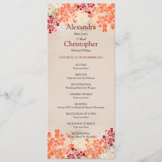 Orange Red & Cream Blume Retro Wedding Programm (Vorderseite)