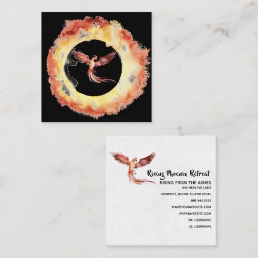 *~* Orange Red Flame Phoenix Ring of Fire Black Quadratische Visitenkarte (Vorne/Hinten)
