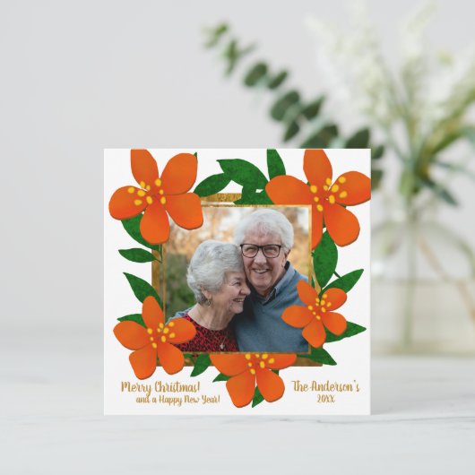 Orange Red Floral Gold Frame Foto Weihnachten (Stehend Vorderseite)