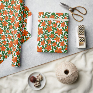 Orange Red Floral Green Botanicals Muster Geschenkpapier