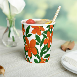 Orange Red Floral Green Botanicals Muster Pappbecher
