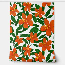 Orange Red Floral Green Botanicals Muster Tapete