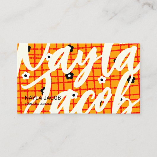 Orange Red Floral Karo Muster QR Code Handmade Visitenkarte (Vorderseite)