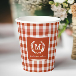 Orange-Red Gingham Monogram Wappen Custom Pappbecher
