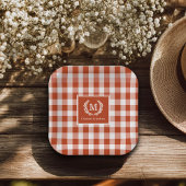 Orange-Red Gingham Monogram Wappen Custom Pappteller