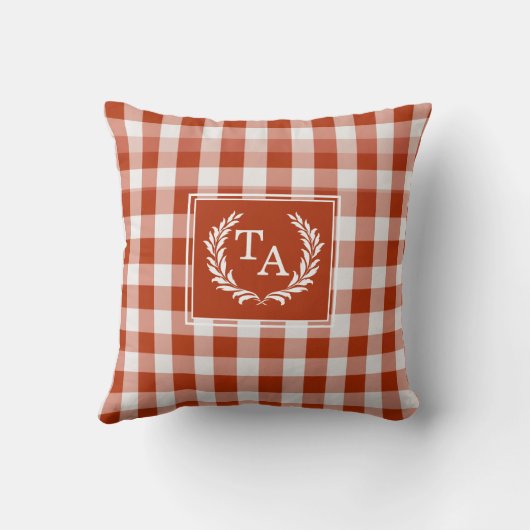 Orange-Red Gingham Monogram-Wappen Kissen (Rückseite)