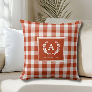 Orange-Red Gingham Monogram-Wappen Kissen