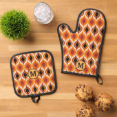 Orange Red Gold Abstrakt Flame Muster Monogram Ofenhandschuh & Topflappen-Set (Oben Unten)