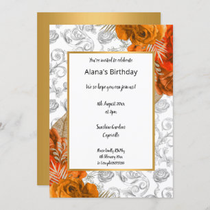 Orange Red Gold Floral Eleganter Geburtstag Einlad Einladung