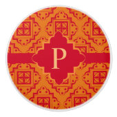 Orange Red Monogram Arabesque marokkanische Grafik Keramikknauf (Vorderseite)