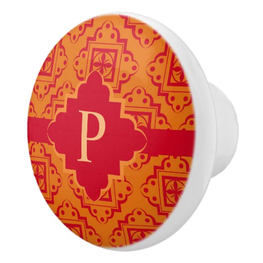 Orange Red Monogram Arabesque marokkanische Grafik Keramikknauf (Rechts)