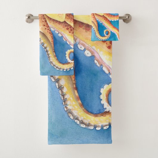 Orange Red Octopus Aquarellfarbe Tinte Badhandtuch Set (Insitu)