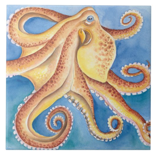 Orange Red Octopus Aquarellfarbe Tinte Fliese (Vorderseite)