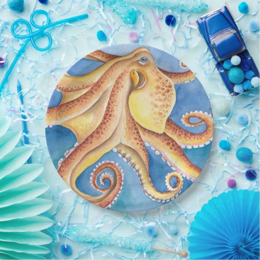 Orange Red Octopus Aquarellfarbe Tinte Pappteller (Party)