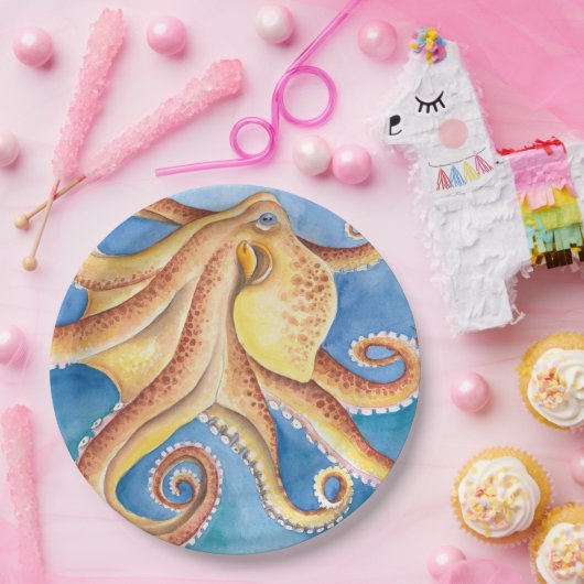 Orange Red Octopus Aquarellfarbe Tinte Pappteller (Party)