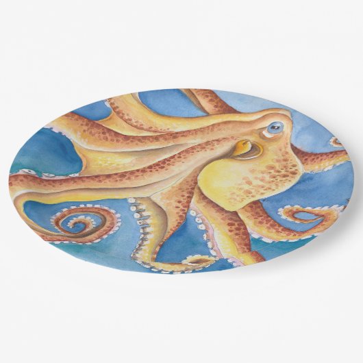 Orange Red Octopus Aquarellfarbe Tinte Pappteller (Schrägansicht)