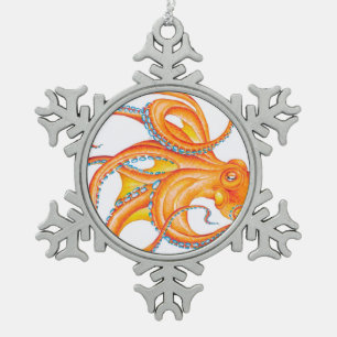 Orange red Octopus Ink Art Dance Schneeflocken Zinn-Ornament