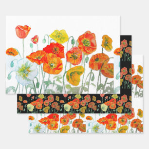 Orange Red Poppe Blume Muster Wasserfarbe Geschenkpapier Set