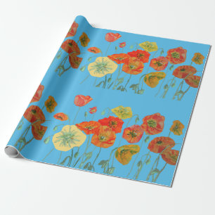Orange Red Poppies Blue Watercolor Wrapping Paper Geschenkpapier