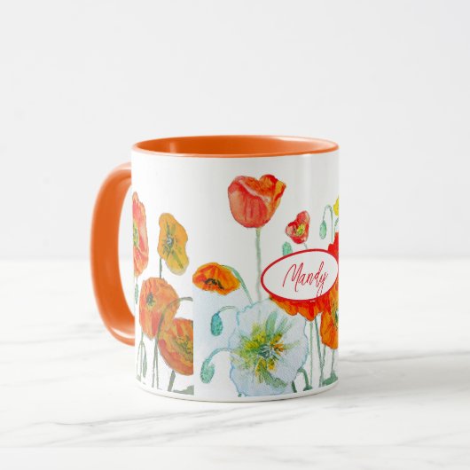 Orange Red Poppy Blume Pattern Aquarellfarben Tass Tasse (Vorderseite Links)