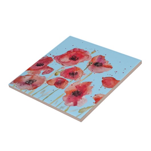 Orange Red Poppy Blume Pattern auf Blue Fliese (Seite)