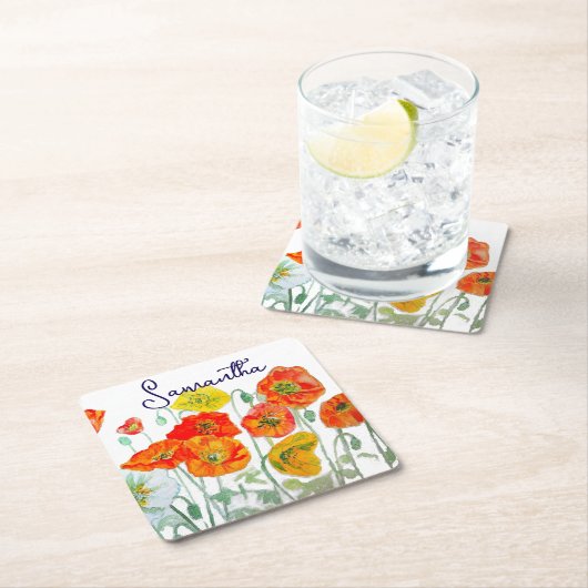 Orange Red Poppy Blume Pattern Vielen Dank Rechteckiger Pappuntersetzer (Vor Ort)