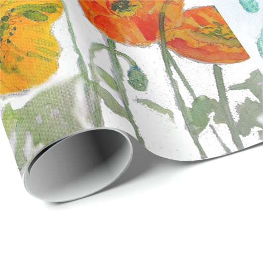 Orange Red Poppy Blume Pattern Wasserfarbenhochzei Geschenkpapier (Rolleneckpunkt)