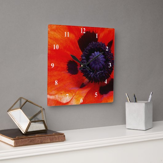 Orange Red Poppy Blume Quadratische Wanduhr (Büro)