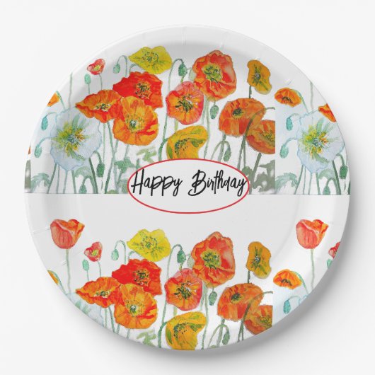 Orange Red Poppy Blume Wasserfarbe Geburtstag Pappteller (Vorderseite)