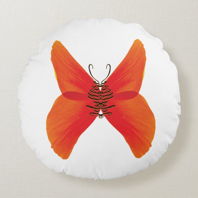 Orange Red Poppy Butterfly mit Ihrem Namen Rundes Kissen (Vorderseite)