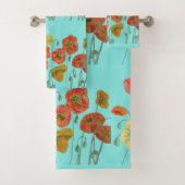 Orange Red Poppy Poppies Aqua Floral Blume Badhandtuch Set (Insitu)