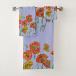 Orange Red Poppy Poppies Lavender Floral Blume Badhandtuch Set