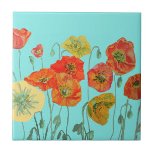 Orange Red Poppy Poppies Muster Wasserfarben Blume Fliese
