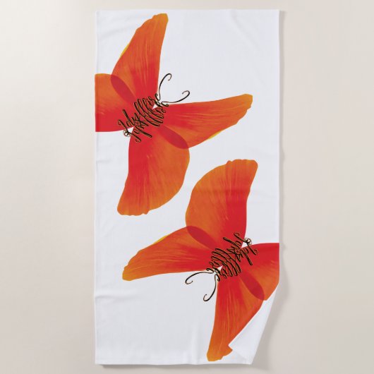 Orange Red Poppy Schmetterlinge mit Ihrem Namen Strandtuch (Vorderseite)